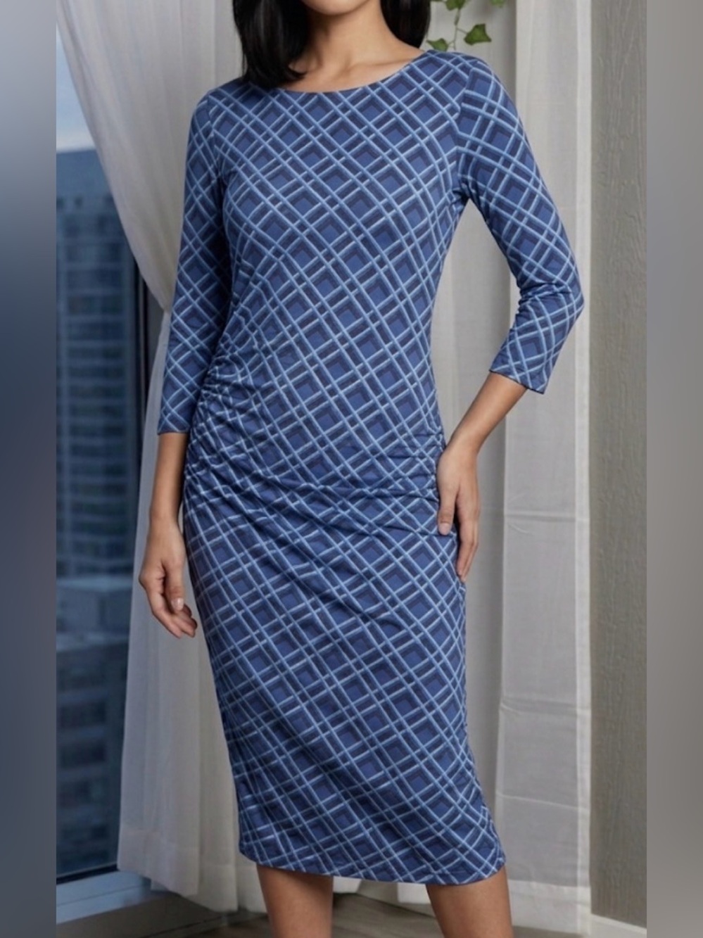 J. McLaughlin Kamala‎ Blue Catalina Cloth Geometric Ruched Dress L